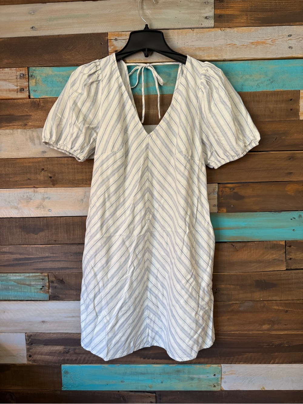 A New Day Puff Sleeve Mini Dress Striped Chevron V Neck Back Tie |Size M